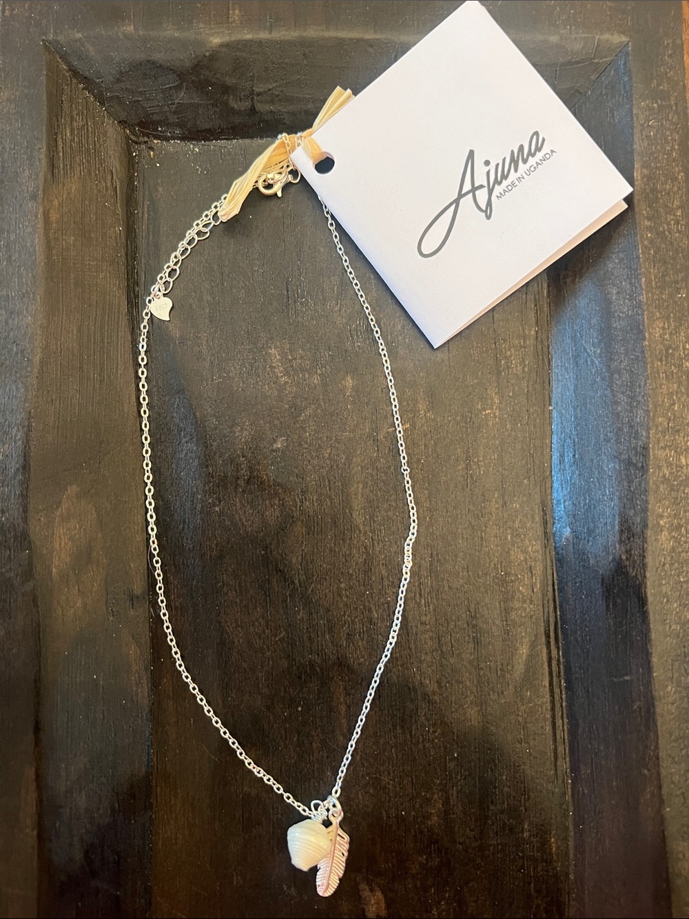 Cream paper bead & Feather Charm Necklace